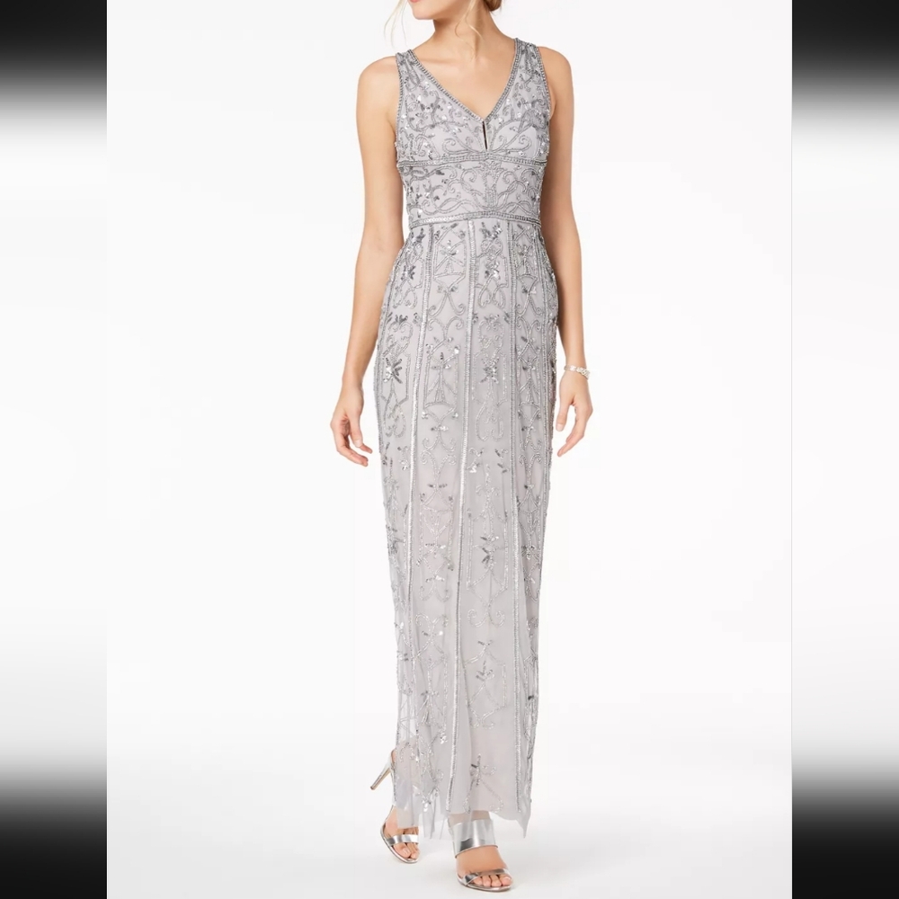 Adrianna Papell Silver Beaded Formal Dress 10 - Picture 5 of 6